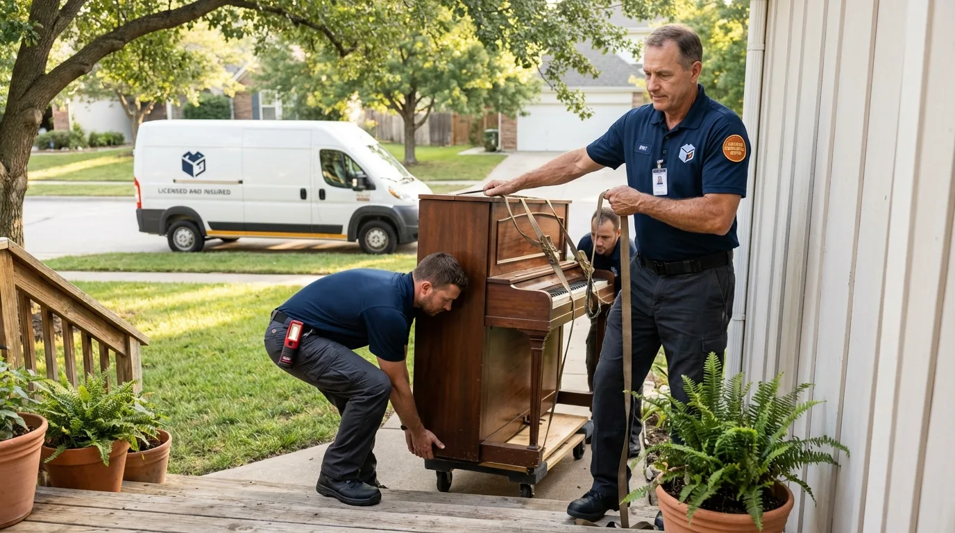 Licensed piano movers securing grand piano in Kenwood, CA