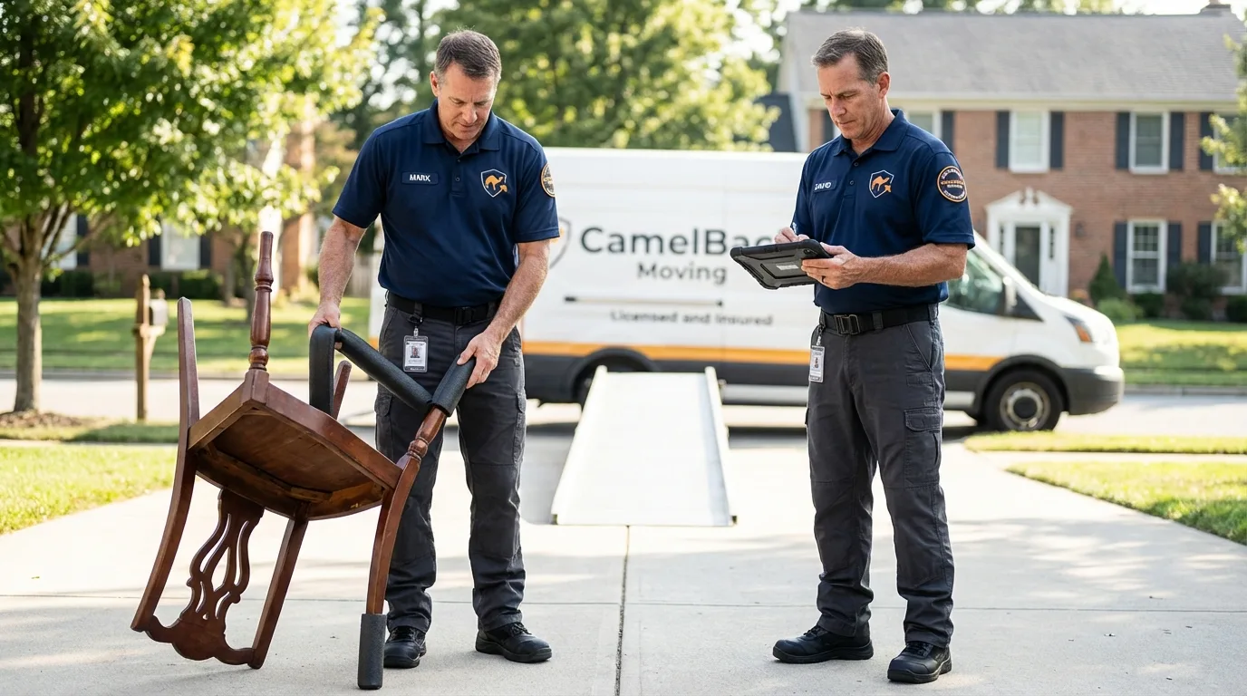 Movers inspecting furniture for damage prevention before loading in Kenwood, CA
