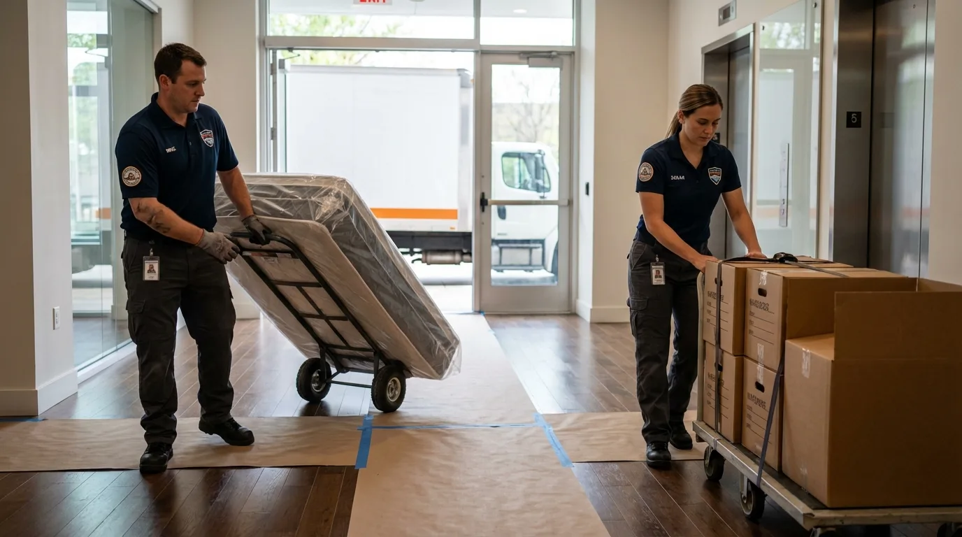 Professional apartment movers loading elevator in Kenwood, CA