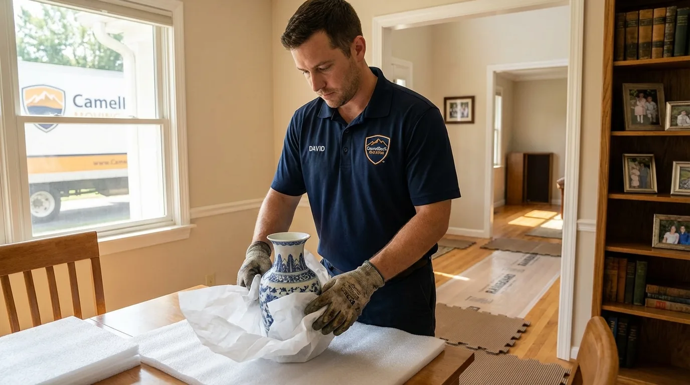 Professional crew carefully wrapping antique vase for senior downsizing move in Kenwood, CA
